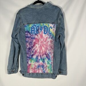 Women's ACDC Denim Large Logo On Back Button Up Jacket Size Medium Tie Dye